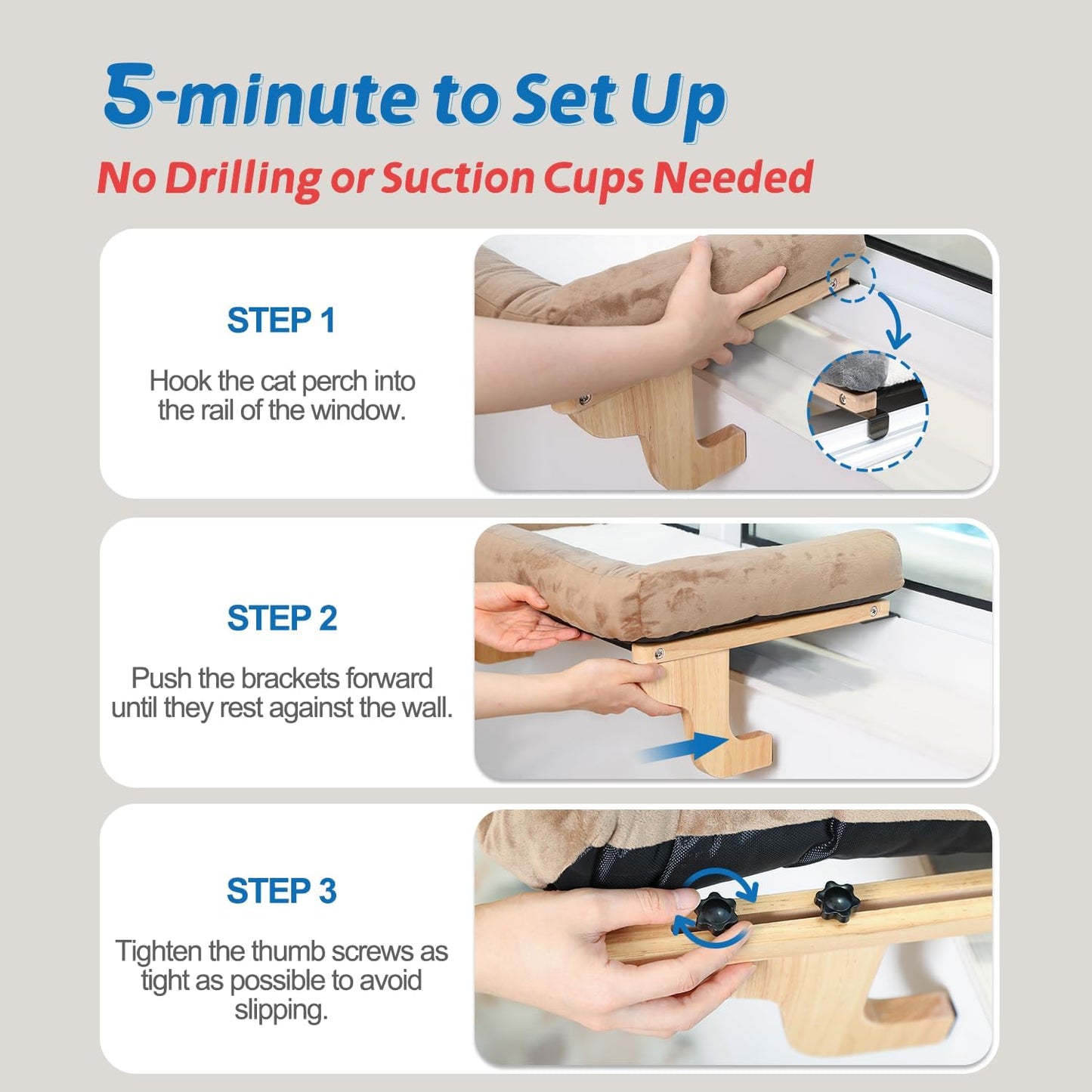 Zakkart Cat Perch for Window Sill with Bolster - Orthopedic Hammock Design with Premium Hardwood & Robust Metal Frame - Cat Window Seat for Large Cats and Kittens - Dark Stained Wood Gray Bed, 24''W