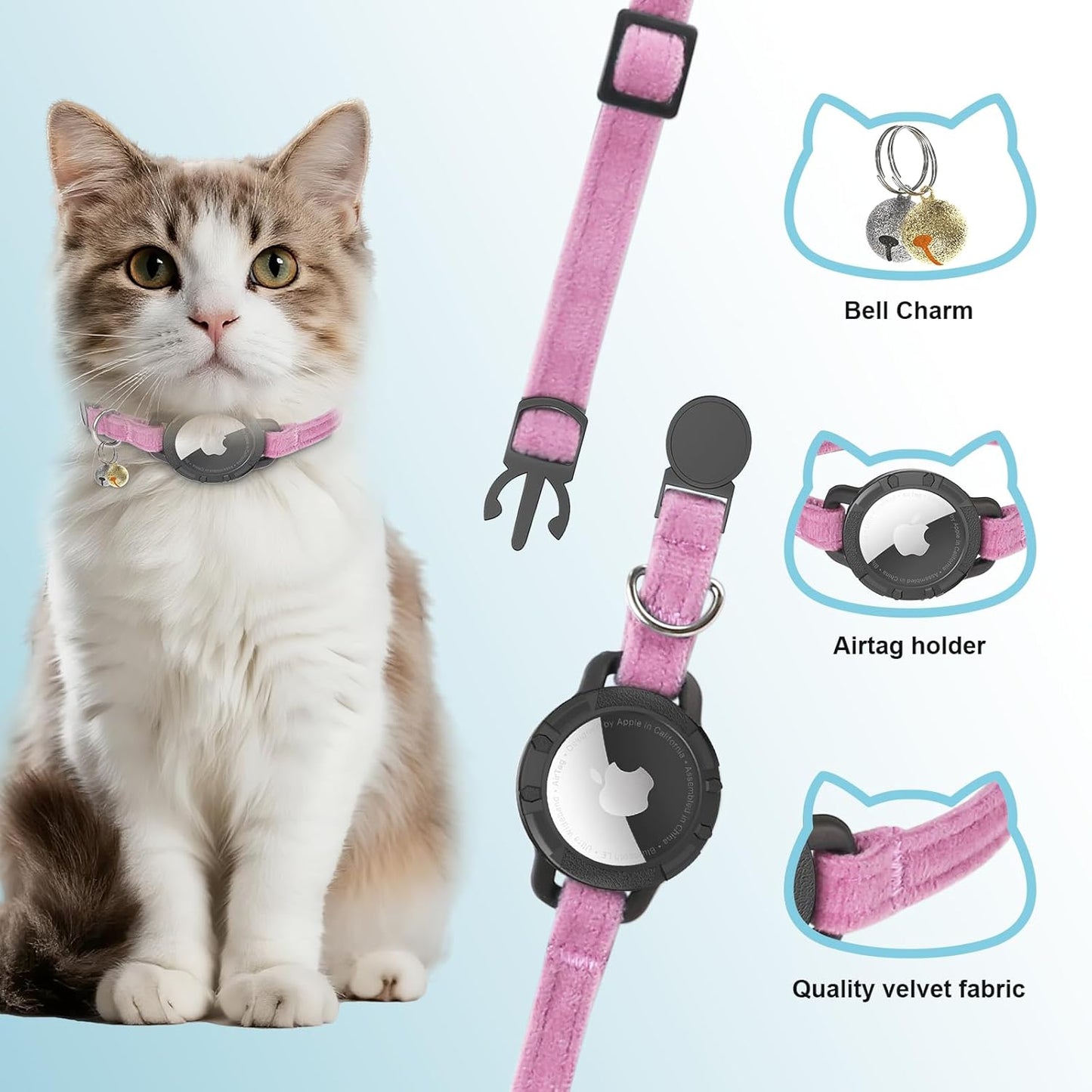 AirTag Cat Collar Breakaway, Double Velvet cat Collar with Apple Air Tag Holder and Bell, Ultra-Durable, Adjustable, Quick Release, Fits Most Girl Boy Small Large Cats (8.5''-12'') Pink