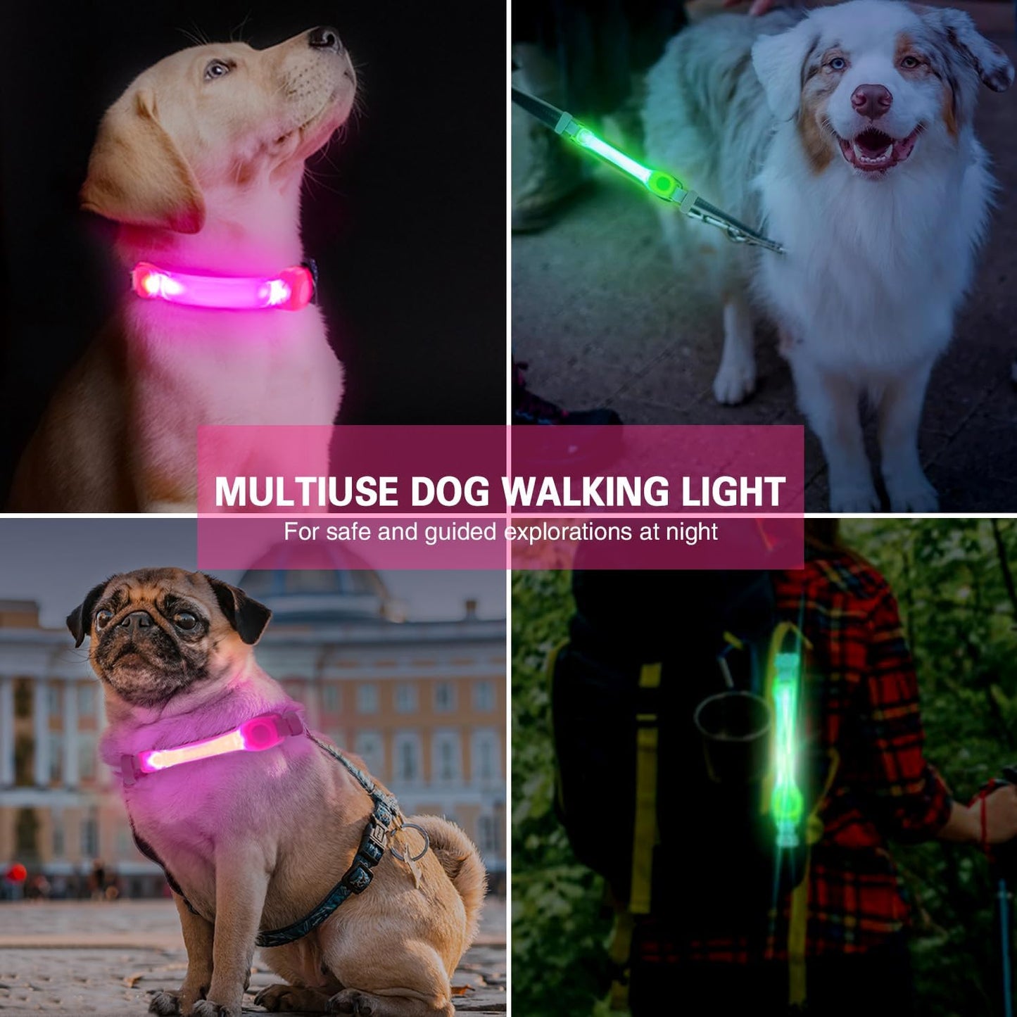 2 Pack LED Light for Dog Leash Harness, Light Up Dog Collar with Nylon Stickers, Waterproof Glow Light Easy to Attach to Collar Leash and Harness, Safety LED Light Up Band for Dogs at Night Walking