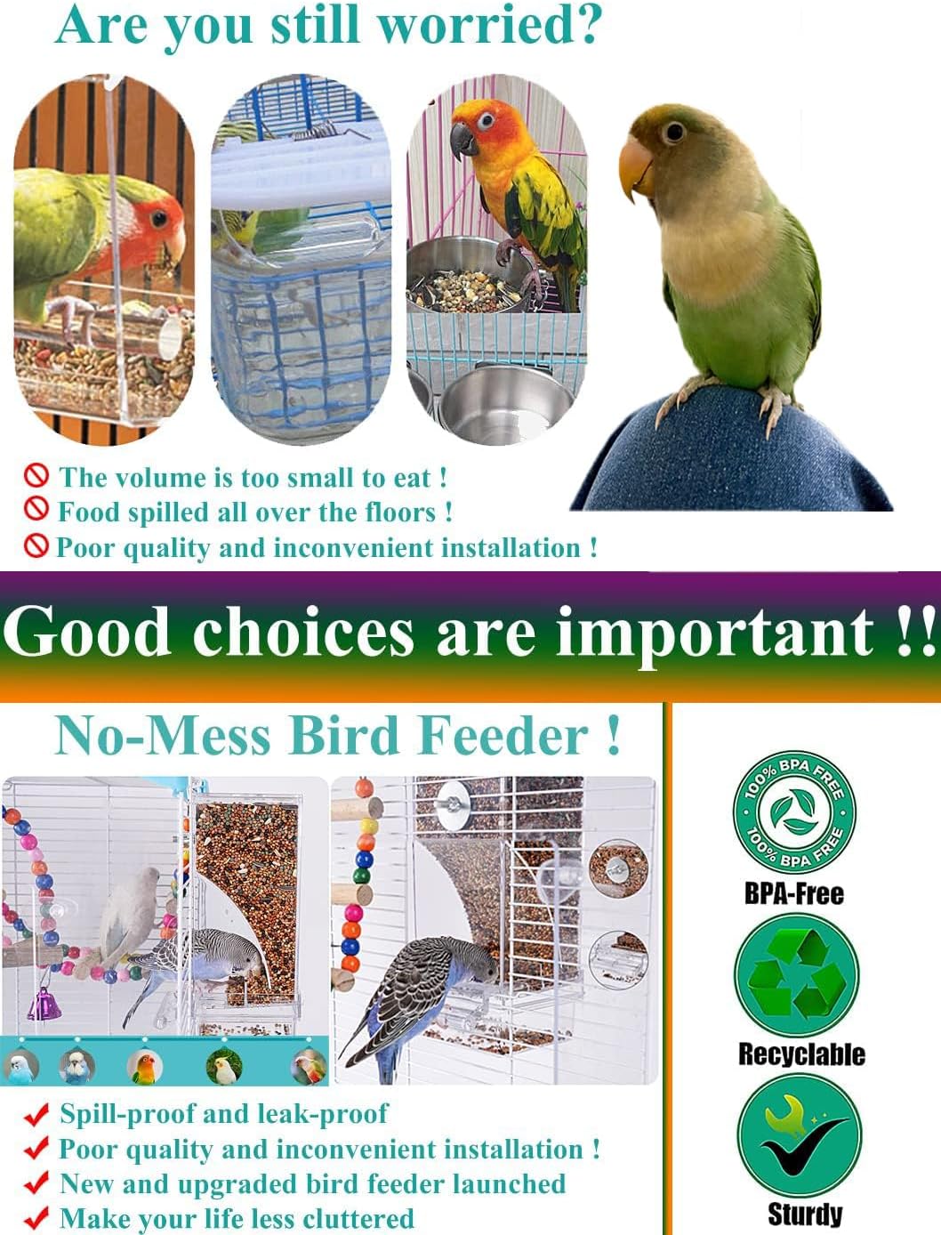 Kenond No Mess Bird Feeder Water Dispenser Set, Automatic Parrot Feeder Cage Accessories, Clear Parakeet Seed Container Food Drinker for Cage, Cockatiel Finch Lovebirds Budgies Canary (Blue)