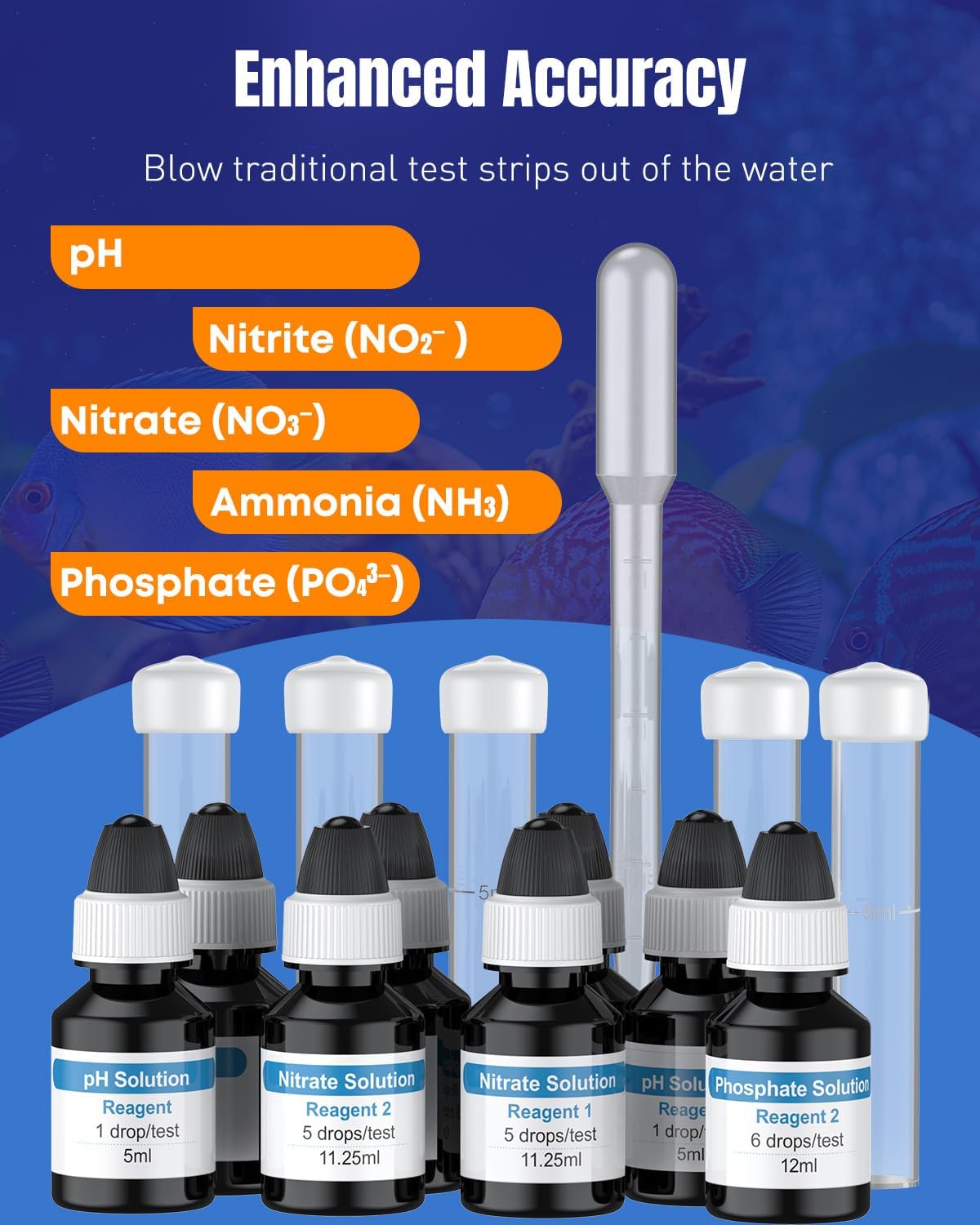 Pawfly 5 in 1 Aquarium Water Master Test Kit, Aquarium Water Test Kit Fish Tank Water Testing Kit for pH Nitrite Nitrate Ammonia & Phosphate, Aquarium Test Kit for Freshwater & Saltwater Fish Tanks
