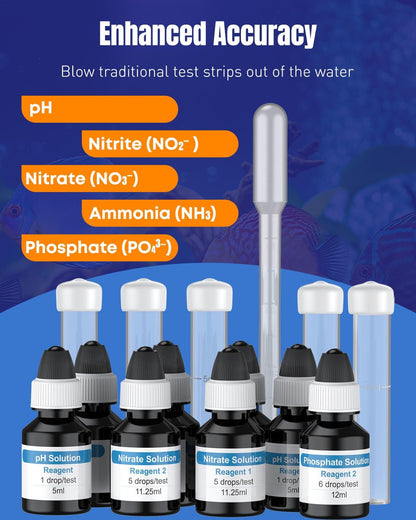 Pawfly 5 in 1 Aquarium Water Master Test Kit, Aquarium Water Test Kit Fish Tank Water Testing Kit for pH Nitrite Nitrate Ammonia & Phosphate, Aquarium Test Kit for Freshwater & Saltwater Fish Tanks