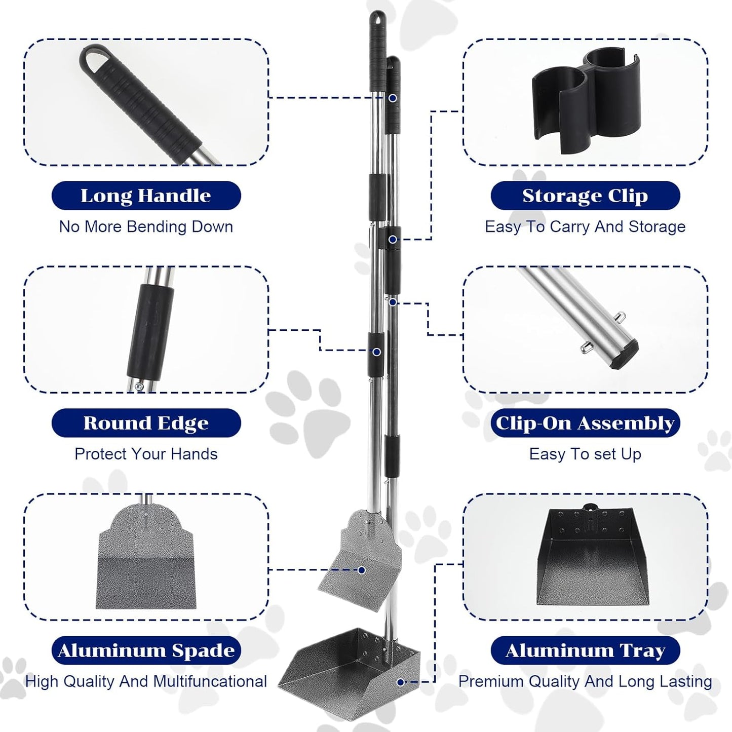 3 Pcs Dog Pooper Scooper Tray Shovel & Rake Kit, Heavy Duty Dog Poop Scooper with Adjustable Metal Long Handle, Portable Large Dogs Poop Picker Upper for Yard, Walks, Grass & Garden Leaves