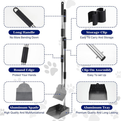 3 Pcs Dog Pooper Scooper Tray Shovel & Rake Kit, Heavy Duty Dog Poop Scooper with Adjustable Metal Long Handle, Portable Large Dogs Poop Picker Upper for Yard, Walks, Grass & Garden Leaves