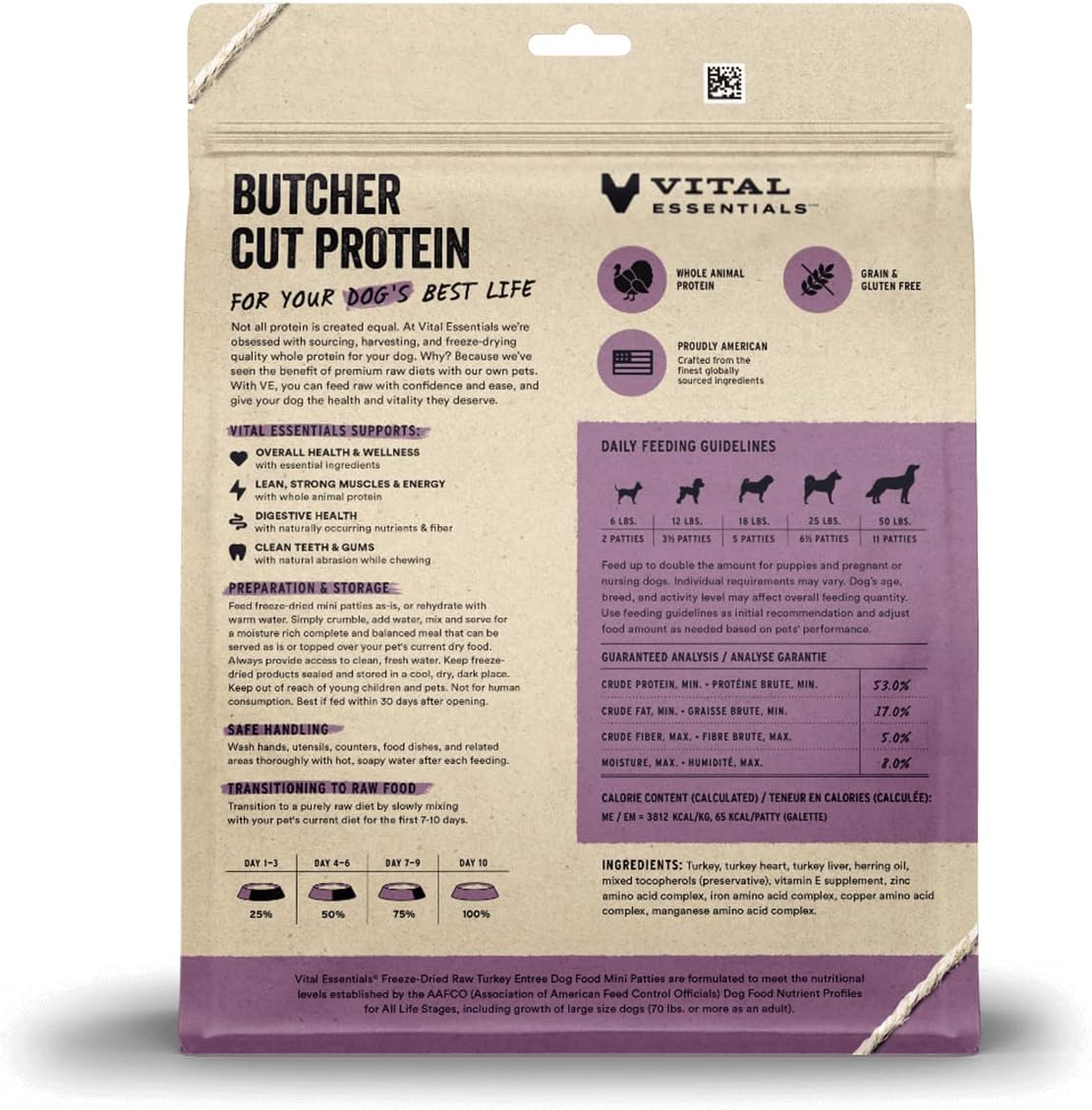 Vital Essentials Freeze Dried Raw Dog Food, Turkey Mini Patties Entree, 14 oz