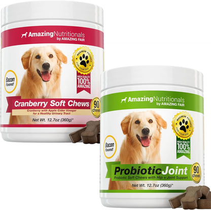 Cranberry + Probiotics for Dogs Soft Chew Bundle - UTI Prevention, Immune Support, Digestive Health, Incontinence, Gas and Diarrhea Elimination