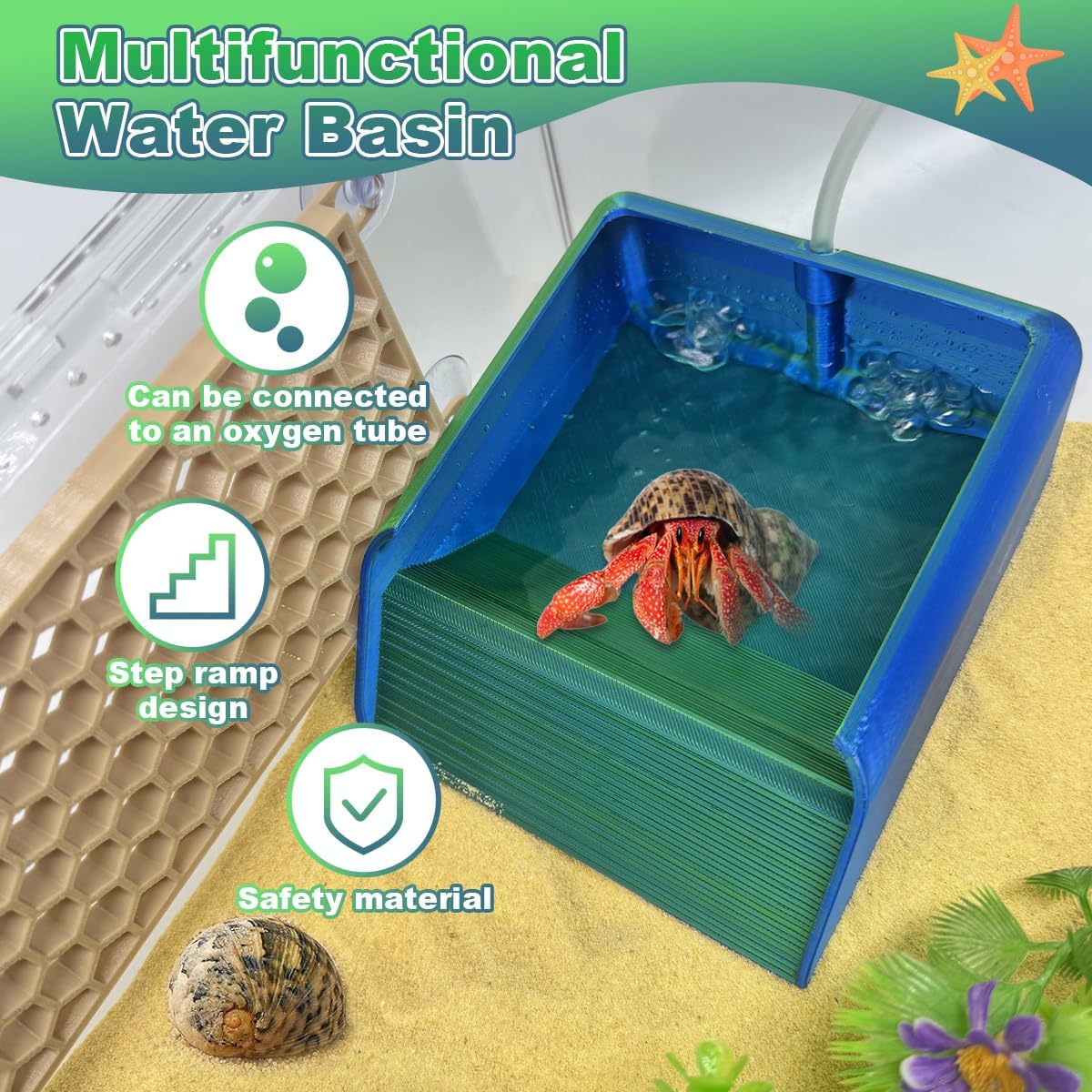 Hermit Crab Water Bowl with Climbing Ramp, Reptile Feeding Water Dish Tank Accessories, Suitable for Hermit Crab Bearded Dragon Lizard Tortoise Frog Gecko (Navy Blue)