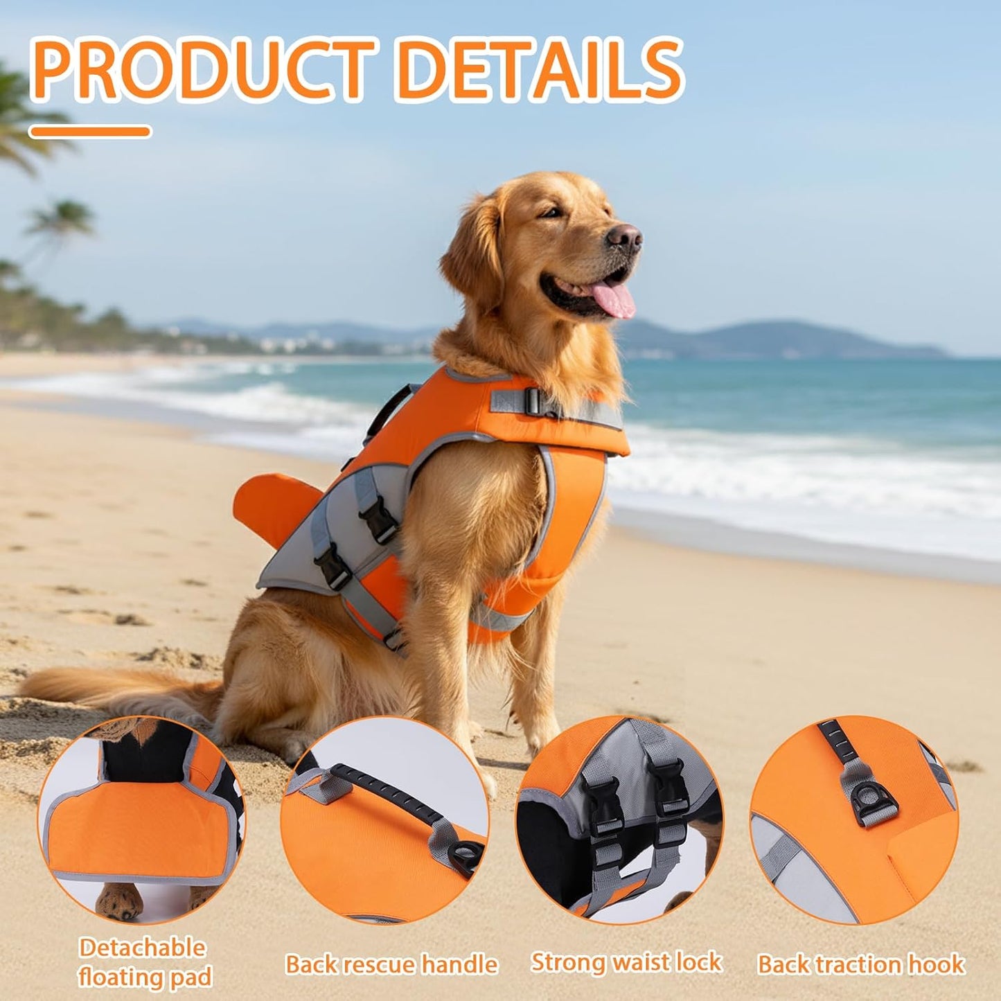 Geyecete Dog Life Jacket High Visibility Dog Life Vest for Swimming, Boating, and Water Safety, Large, Adjustable Pet Life Swimsuit-Orange-XL