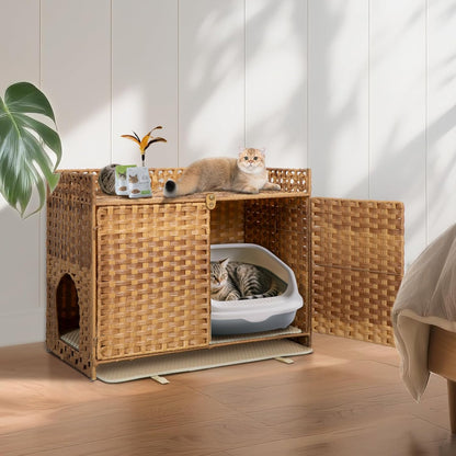 Hidden Cat Litter Box Enclosure Furniture - Handwoven Rattan Pet House with Removable Mat, Elevated Metal Feet, Large 30.3x18.2x24.5 Inches for Modern Design Indoor Living