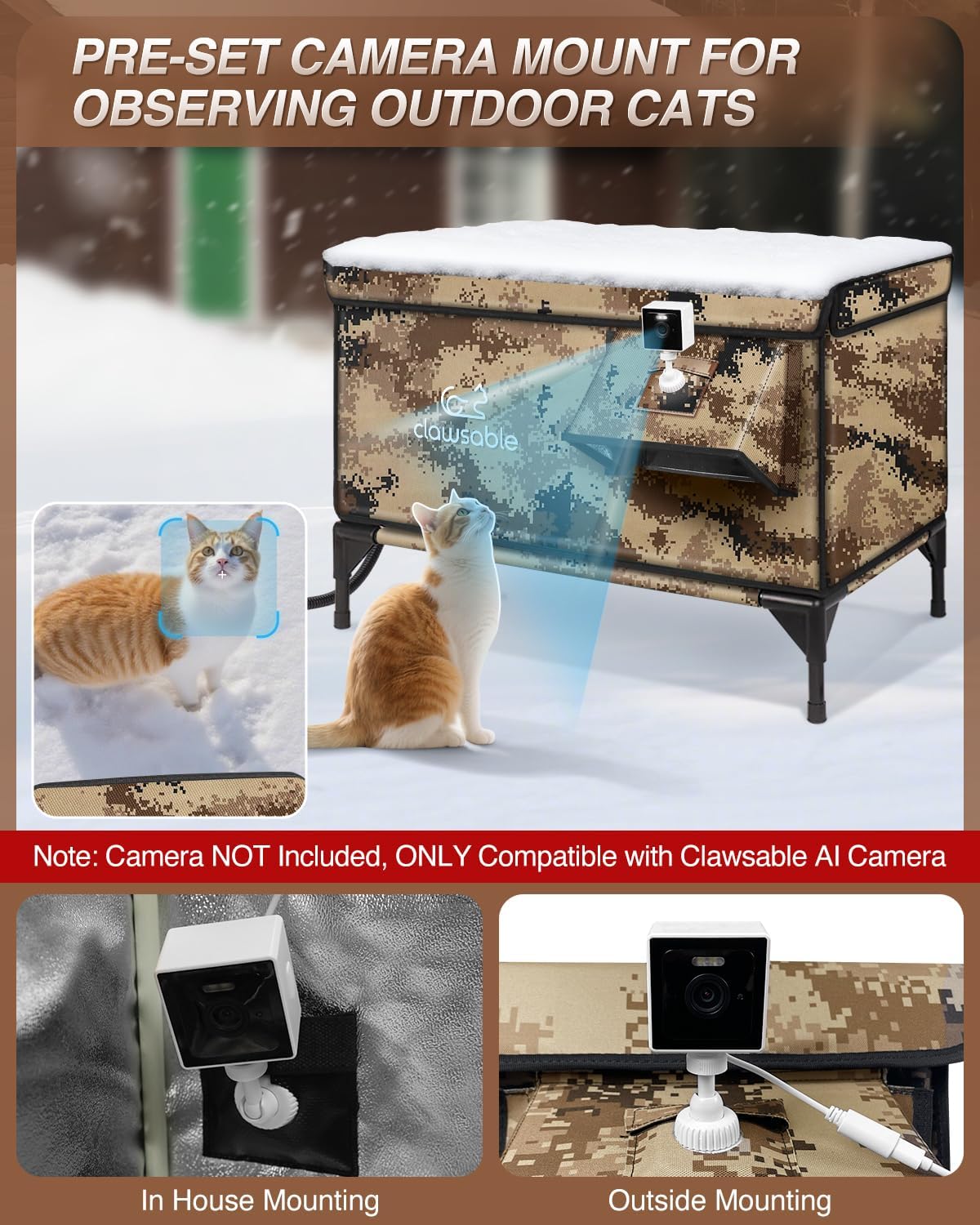 Indestructible X-Large Heated Cat House for Outside Winter, 100% Waterproof, Safe Escape Door, Insulated Outdoor Cat Shelter with Heater for Feral Barn Cat Kitty (Desert Camouflage, 30"x17"x20")