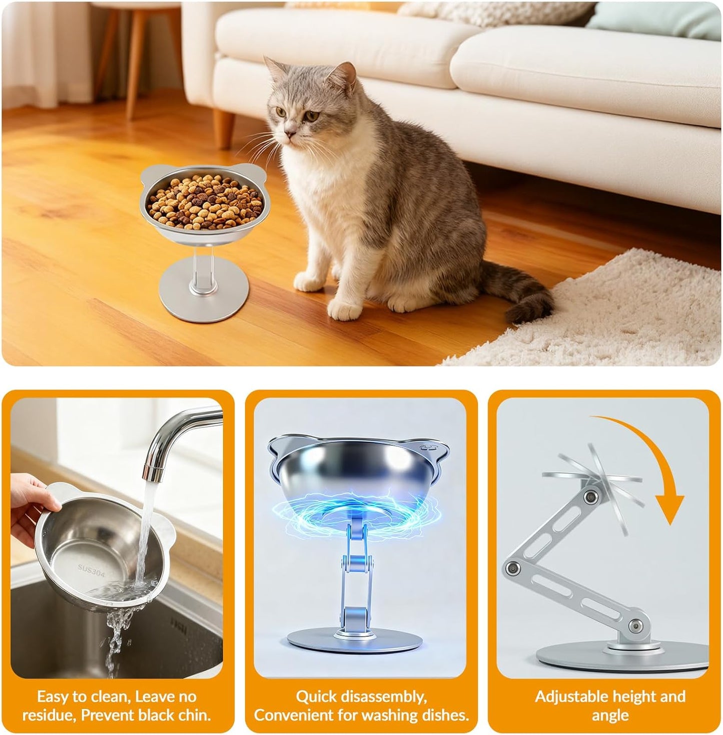 BEAVE NIUNIU Alloy Elevated Cat Bowl - Height & Angle Adjustable Raised Food Water Bowl Stand, 330ml Stainless Steel Dish, 7.9in Max Height Stable Pet Feeder for All Cat Sizes