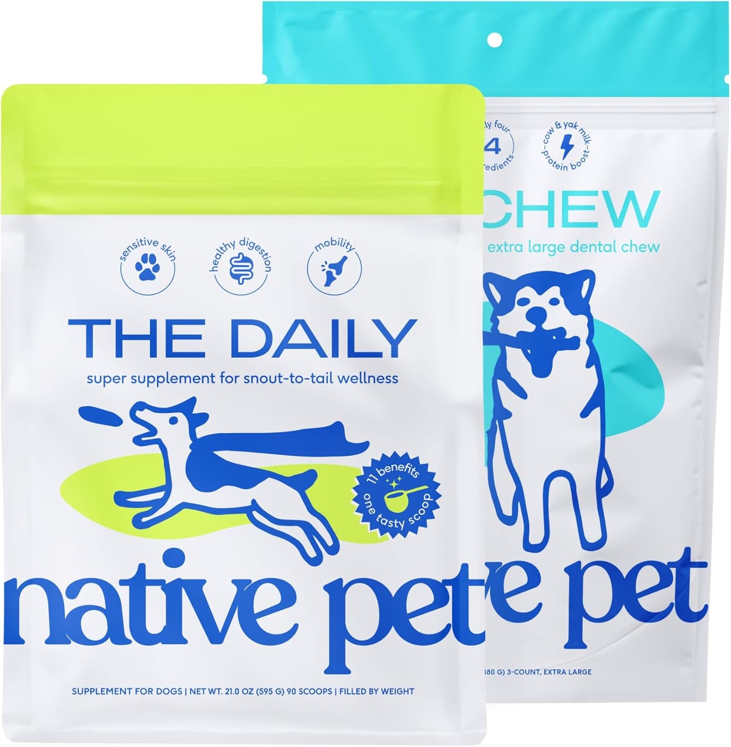 Native Pet The Daily Dog Vitamins & Supplements (90 Scoops) & Yak Chews (3 XL Chews) - All Natural Dental Stick Made with Yak Cheese for Aggressive Chewers & 11-in-1 Multivitamin for Dogs