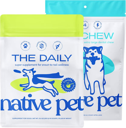 Native Pet The Daily Dog Vitamins & Supplements (90 Scoops) & Yak Chews (3 XL Chews) - All Natural Dental Stick Made with Yak Cheese for Aggressive Chewers & 11-in-1 Multivitamin for Dogs