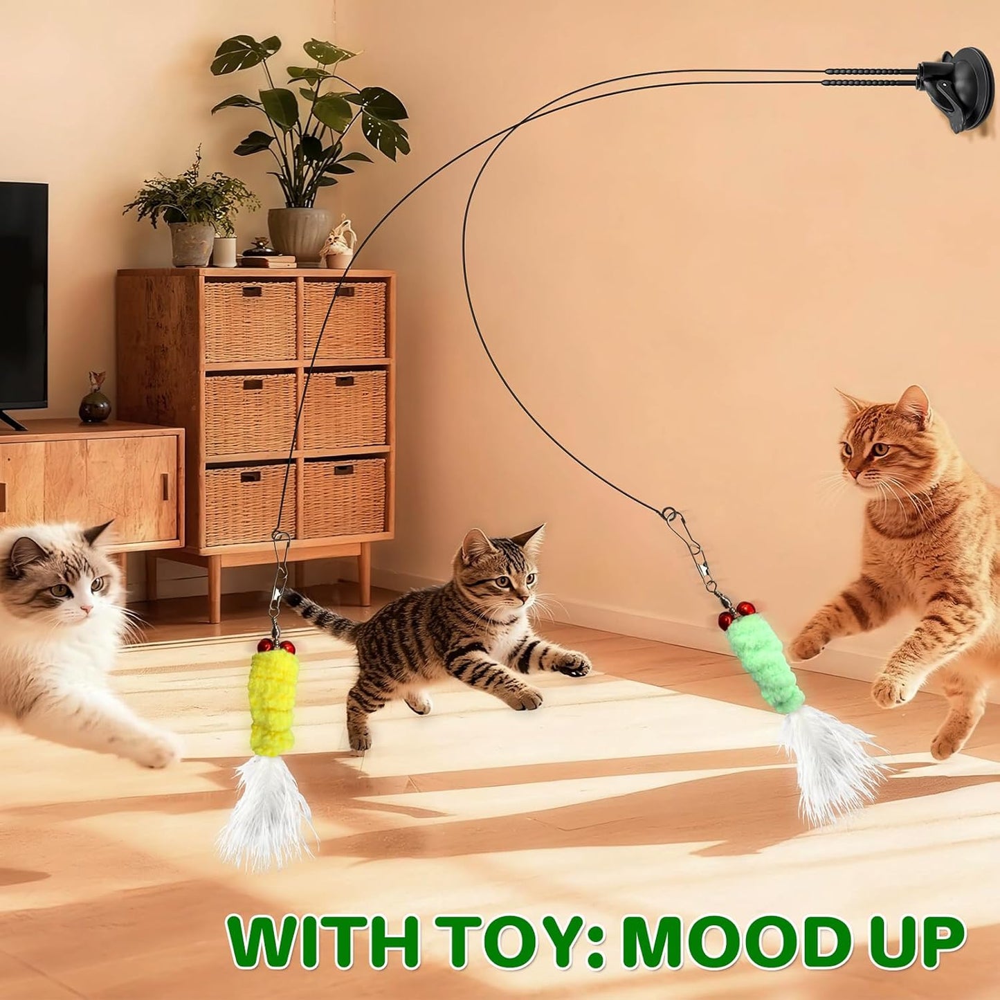 Cat Toys Interactive Teaser Wand, Feathered Fish Toy with Suction Cup Base, Realistic Fish & Feather Attachments for Multi-Cat Households, Perfect for Independent Play, Ideal for Cats & Kittens