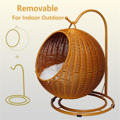 Cat Swing Bed with Cushion Indoor Outdoor Wicker Hanging Cat Bed for Dogs, and Small Animals pet Egg Chair for Living Rooms, Bedrooms, Patios, or Gardens(Brown)