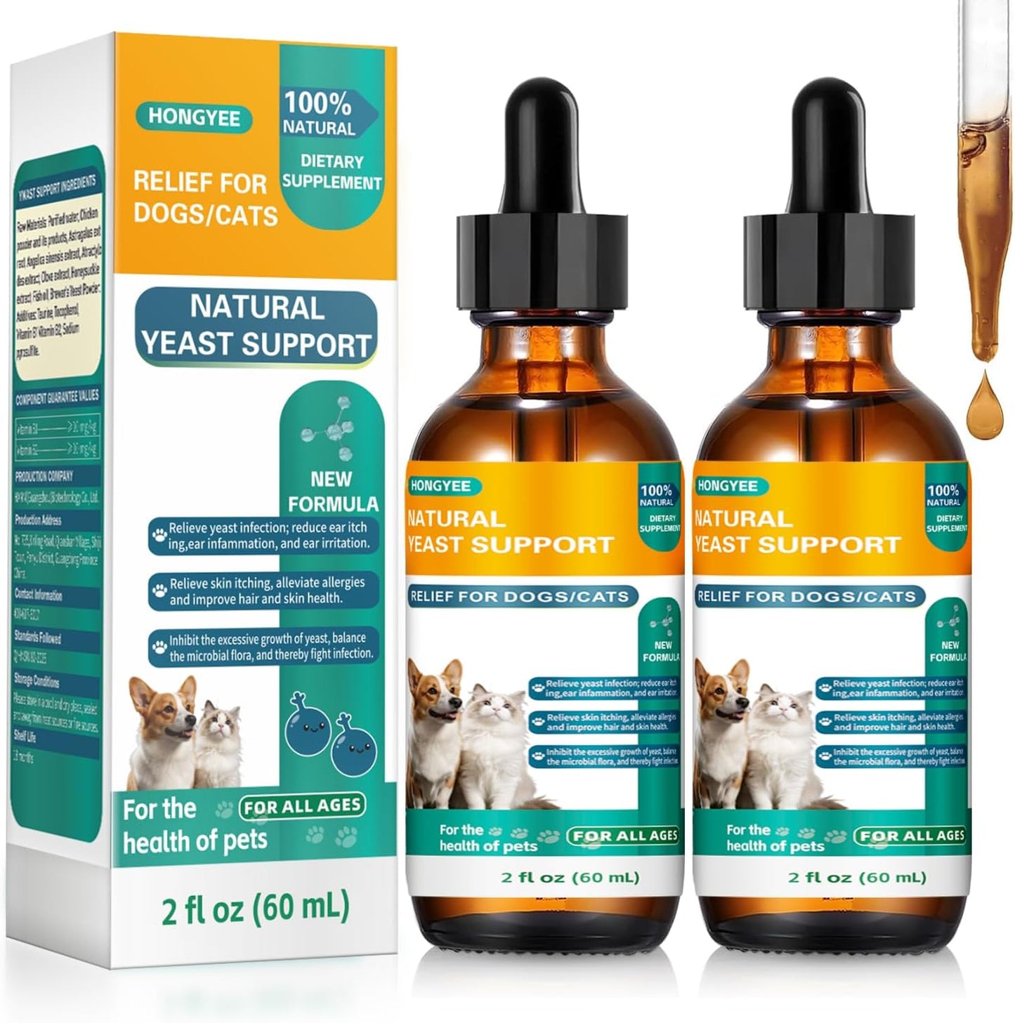 [2-Pack] Natural Yeast Drops for Cats & Dogs - Ear Care Support for Pets Relieves Ear Itching - Reduces Inflammatory Irritation - Soothes Skin Allergies & Itchiness Herbal Drops Supplement