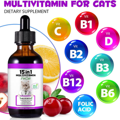 Cat Multivitamin,15 in 1 Cat Vitamins Liquid Drops Supplements for Heart Health, Bones, Joint, Skin & Coat, Bladder, Immune System Support 60ml