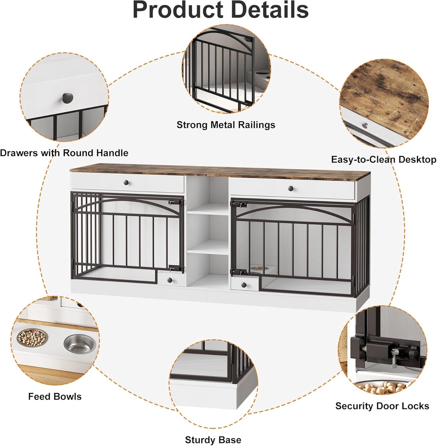 GarveeHome Dog Crate Furniture for 2 Dogs, Dog Kennel Indoor with Storage and Feeding Bowls, Double Dog Crate TV Stand for Small Medium Dogs, White