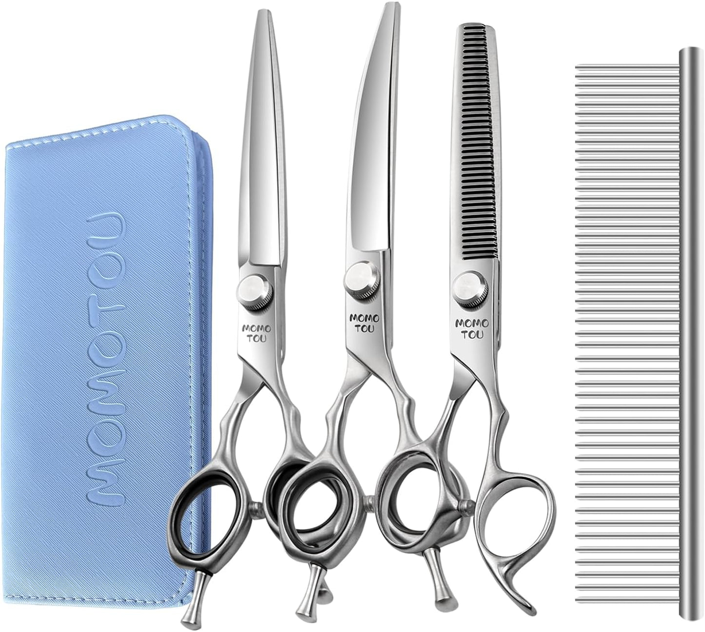 Dog Grooming Scissors Set 3 in 1 with Straight, Curved, Thinning Scissors and Comb Stainless Steel Dog Shears for Grooming Pets and Cats,Sharp and Durable