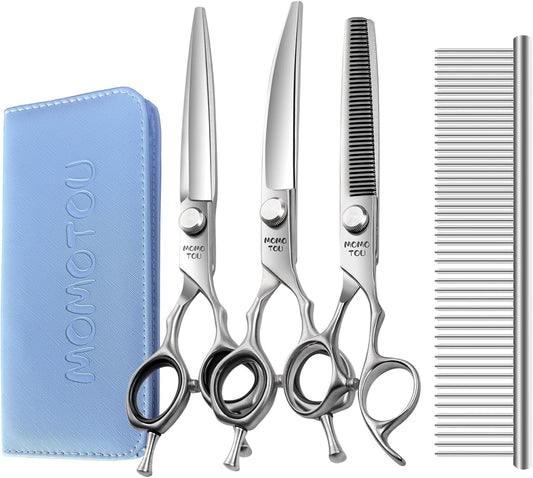 Dog Grooming Scissors Set 3 in 1 with Straight, Curved, Thinning Scissors and Comb Stainless Steel Dog Shears for Grooming Pets and Cats,Sharp and Durable
