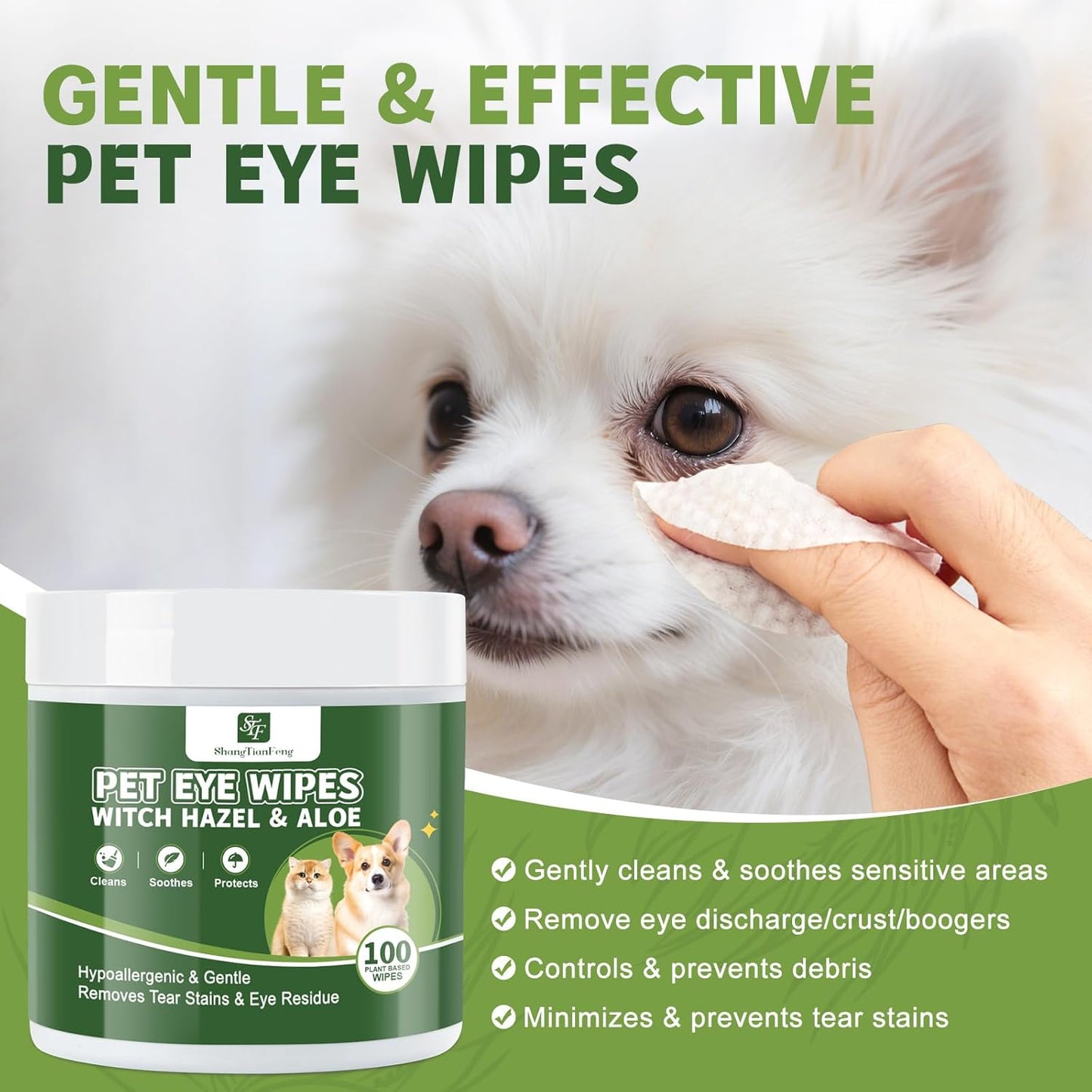 Dog Eye Wipes (100 Count) for Pet Cats -Fragrance-Free, Vet-Tested Formula for Sensitive Skin | Tear Stain Remover & Gentle Bath Alternative | Hypoallergenic & Enriched with Oatmeal