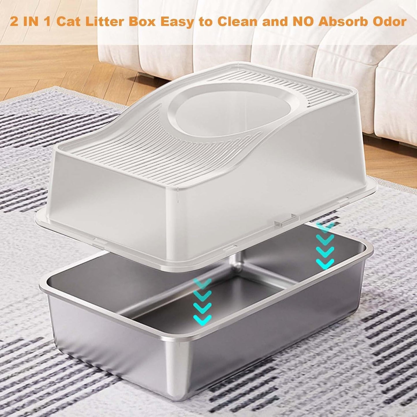 Stainless Steel Enclosed Cat Litter Box with High Sided Lid – Odor Control, Easy Clean Detachable Tray, Litter Mat & Scoop, Anti-Splash Hidden Cat Furniture for Kittens & Adult Cats