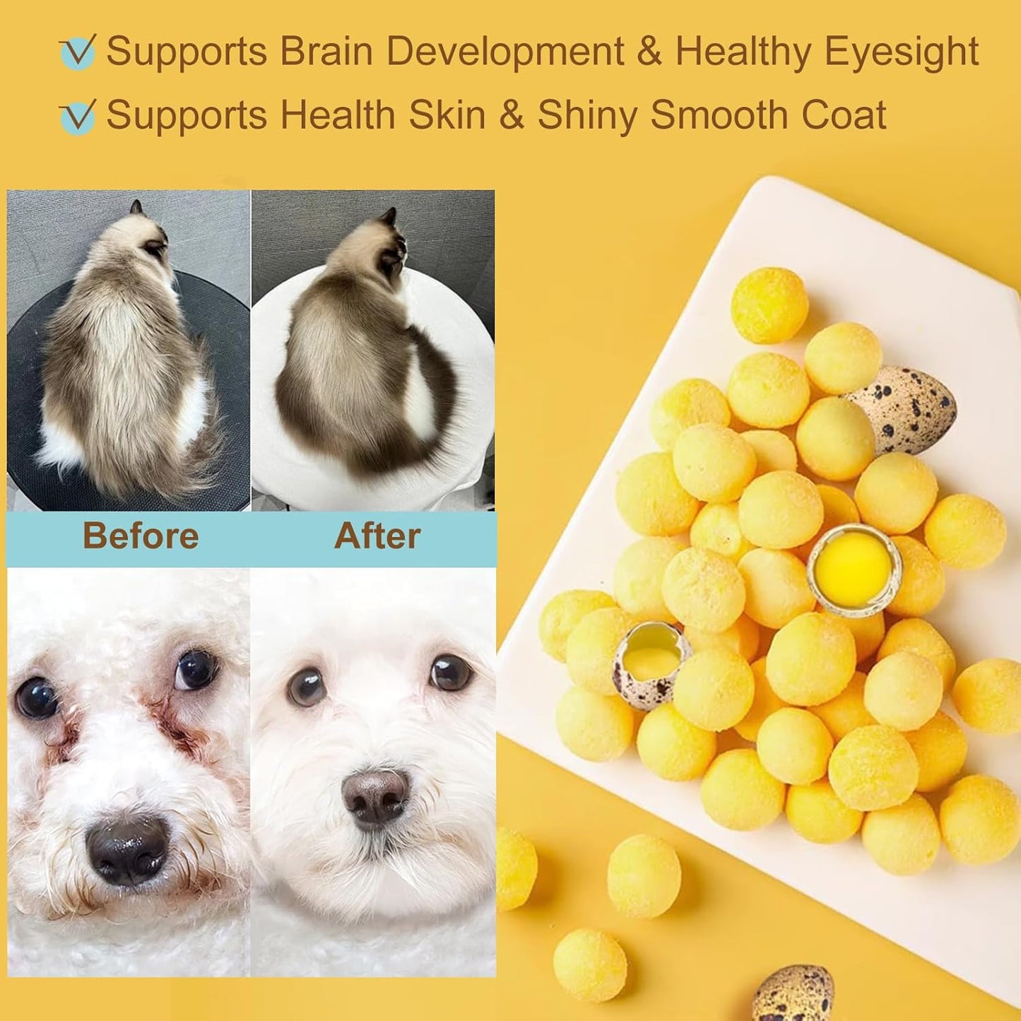 Premium Freeze-Dried Quail Egg Yolks - All-Natural Snack for Cats and Dogs, 100% Pure Quails Yolk Ingredients Pet Treats, Supports Growth with Protein & Iron, Crispy, Nutrient-Dense (S, Apricot)