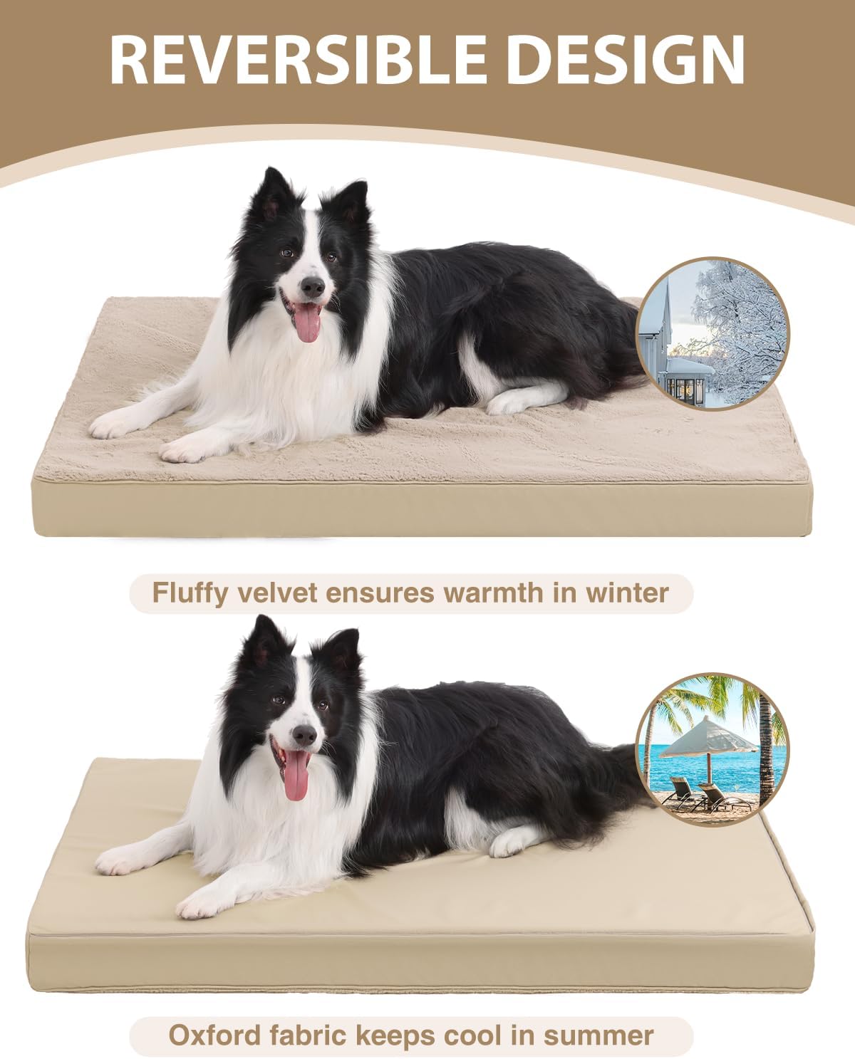 KSIIA Orthopedic Dog Bed Crate Waterproof Pet Mats for Large Dogs Deluxe Plush Washable Pet Bed with Egg Crate Foam & Removable Cover, 41 x 27 Inch, Khaki