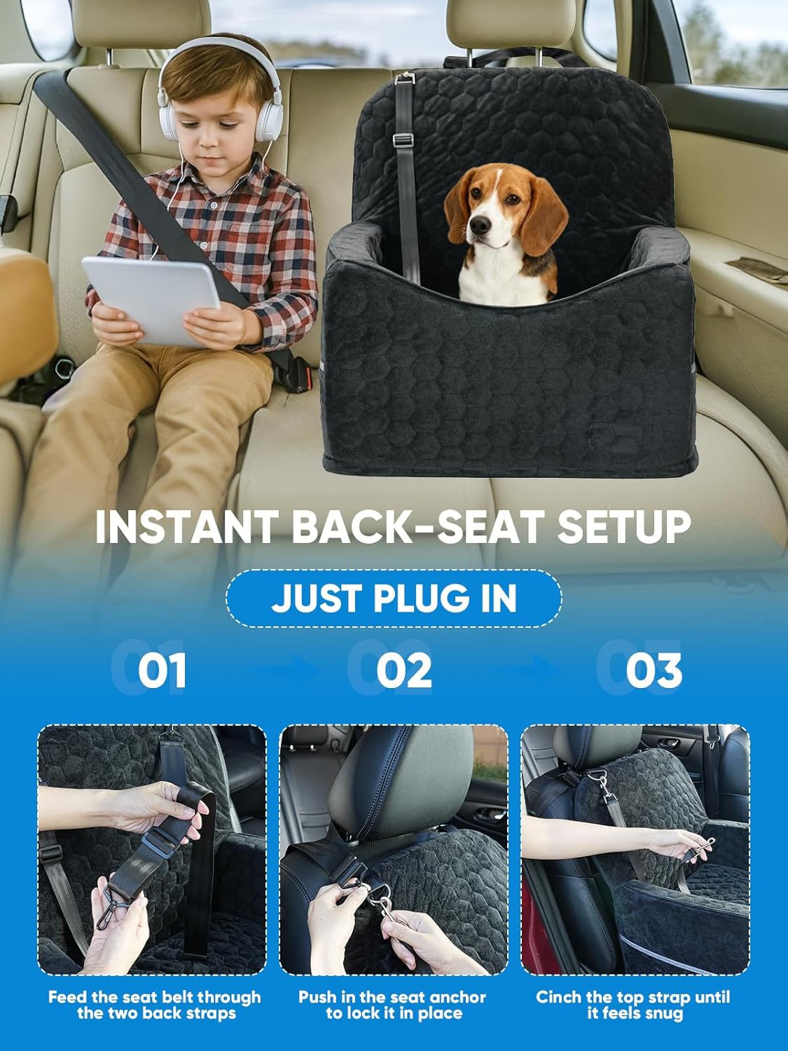 Dog Car Seat for Small/Medium Pets, Adjustable Booster Seat with Safety Leash, Washable Cover & Storage Pockets (Up to 35 lbs, Black)