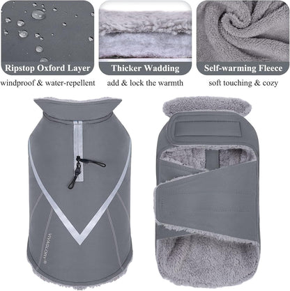 VIVAGLORY Hands Free Dog Leash + Dog Coat, Running Waist Leash with Belt for Running Walking, Warm Fleece Lined Reflective