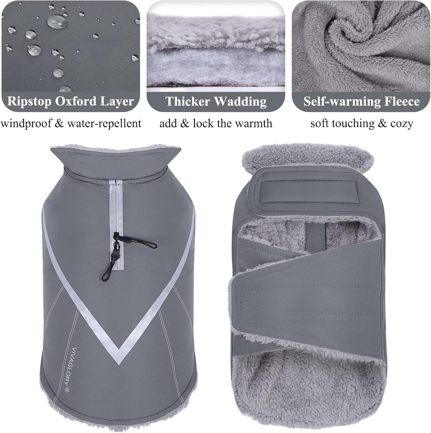 VIVAGLORY Hands Free Dog Leash + Dog Coat, Running Waist Leash with Belt for Running Walking, Warm Fleece Lined Reflective