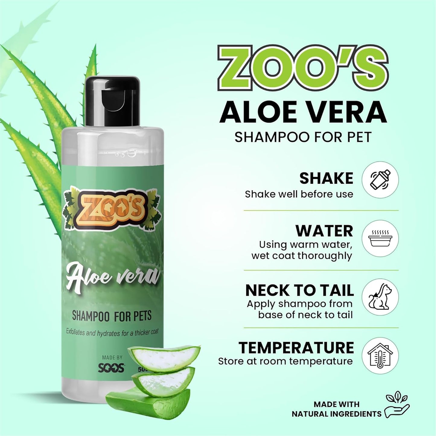 Zoo’s Pet Aloe Vera Shampoo for Dogs and Cats - Fast Absorbing, Moisturize Skin & Fur for Stronger, Thicker Coat - Remove Dead Skin Cells - 500ml