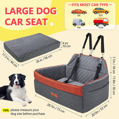 PetsHome Dog Car Seat for Medium Large Dogs, Detachable Washable Pet Booster Seat with Memory Foam Cushion, Side Pockets, 2 Clip-On Safety Leashes Pet Car Seat for Dog Up to 60 lbs/2 Small Dogs-Grey