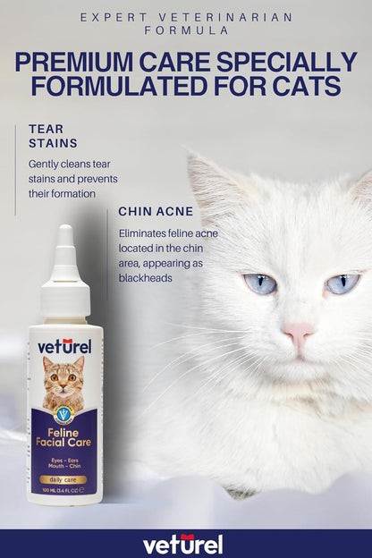 Natural Feline Facial Care - Cat Tear Stains Remover - Cat Acne - May Help with Cat Chin Acne - Cat Chin Blackheads - Gentle Ear and Eye Care - May Soothe Skin - 3.4 oz.