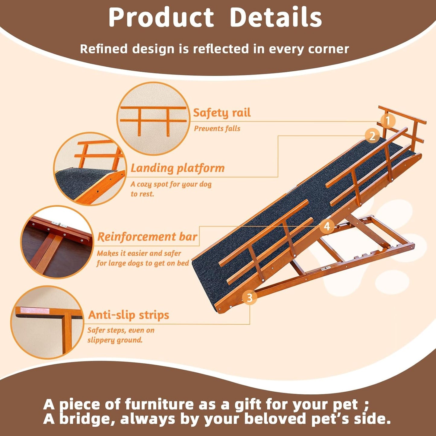 Dog Ramp for Bed - 65" Length, Supports up to 32" Height,Includes Non-Slip Replaceable Carpet, Safety Rails & Landing Platform,Adjustable & Foldable Pet Ramp for Large/Senior Dogs to Get on Bed