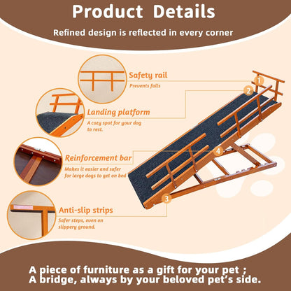 Dog Ramp for Bed - 65" Length, Supports up to 32" Height,Includes Non-Slip Replaceable Carpet, Safety Rails & Landing Platform,Adjustable & Foldable Pet Ramp for Large/Senior Dogs to Get on Bed