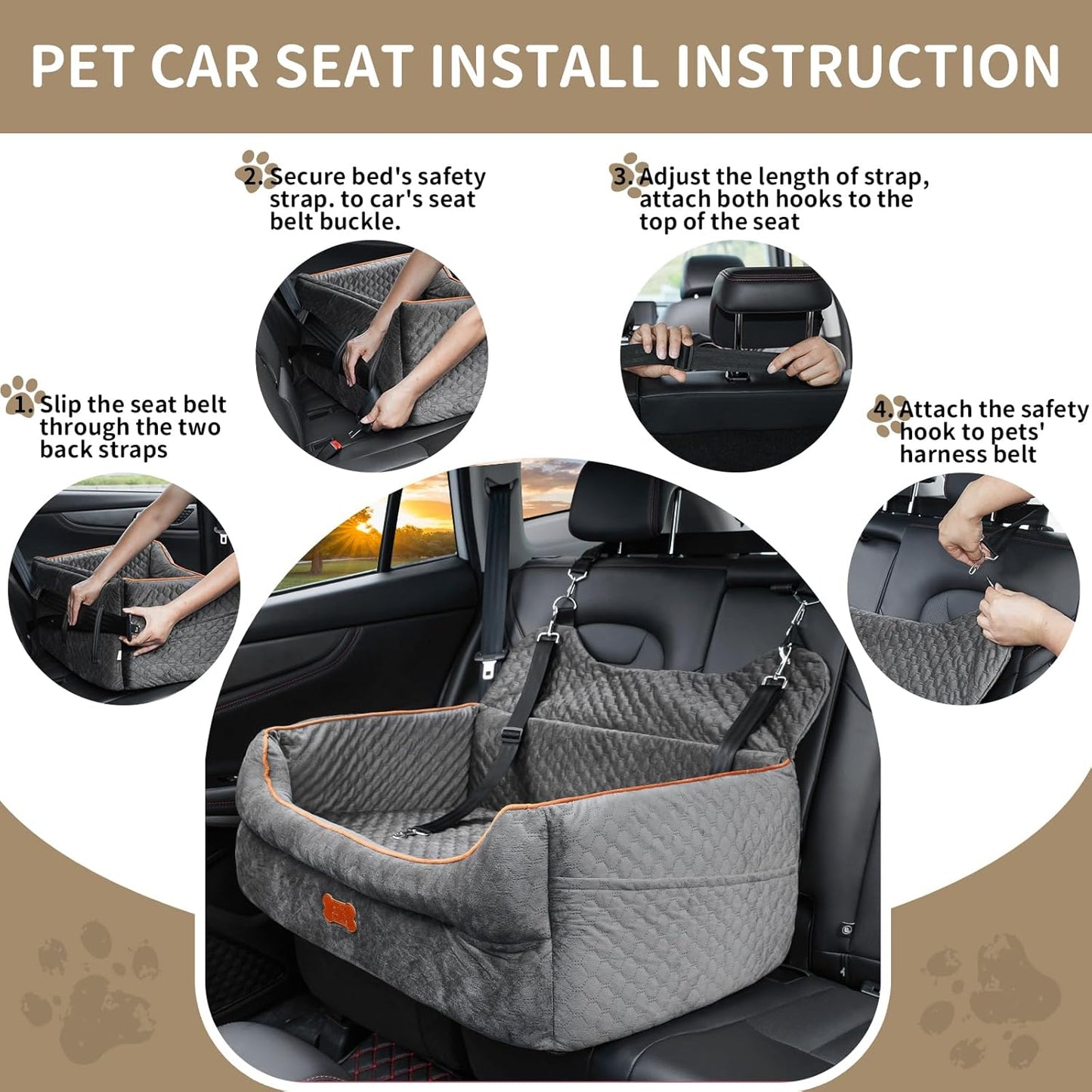 Dog Car Seat for Large/Medium Dogs - Memory Foam Dog Booster Seat for Under 55Lbs or 2 Small Dogs-Detachable and Washable Travel Bed with Thick Cushion and Storage Pockets-Grey