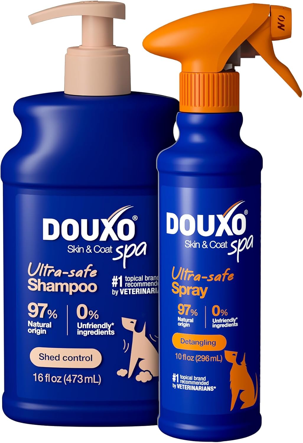 DOUXO® Skin & Coat SPA – Ultra-Safe Combo for Dogs, Shed Control Shampoo (16 fl oz, Cleanses & Reduces Shedding) + Detangling Spray (10 fl oz, Safely Detangles)