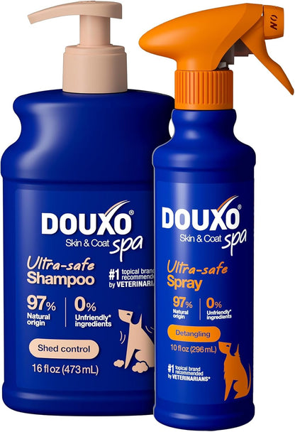 DOUXO® Skin & Coat SPA – Ultra-Safe Combo for Dogs, Shed Control Shampoo (16 fl oz, Cleanses & Reduces Shedding) + Detangling Spray (10 fl oz, Safely Detangles)