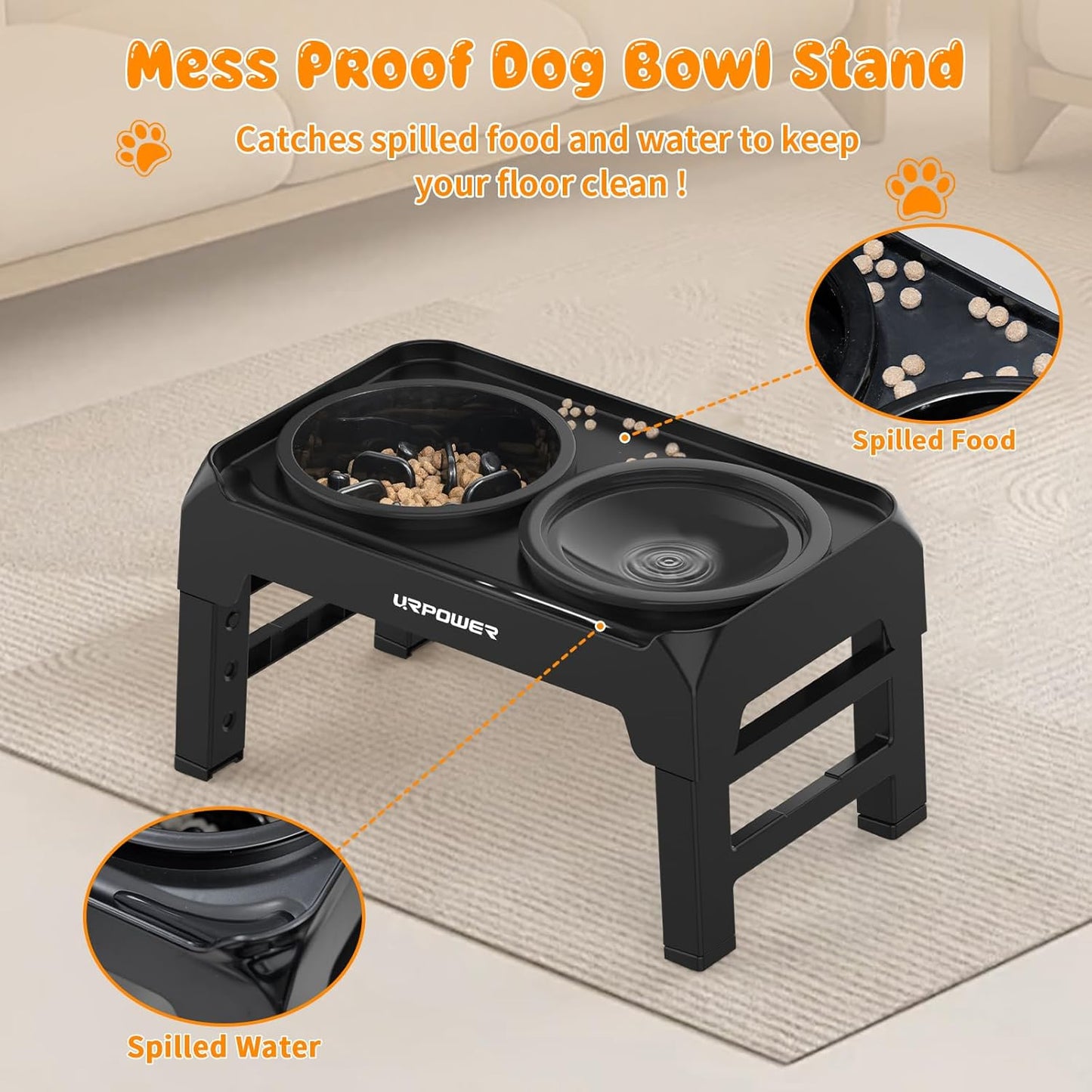 URPOWER 2-in-1 Elevated Dog Bowls Mess Proof Slow Feeder with No Spill Water Bowl 4 Height Adjustable Raised Dog Bowl Non-Slip Food and Water Bowls Set for Small Medium Large Dogs