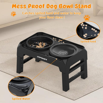 URPOWER 2-in-1 Elevated Dog Bowls Mess Proof Slow Feeder with No Spill Water Bowl 4 Height Adjustable Raised Dog Bowl Non-Slip Food and Water Bowls Set for Small Medium Large Dogs