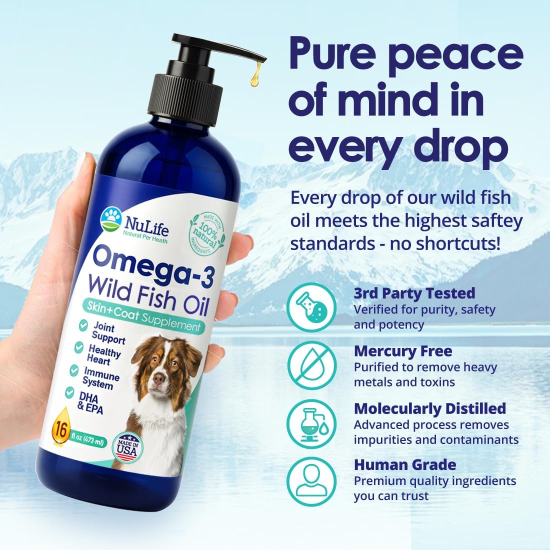 Liquid Fish Oil for Dogs with Omega 3, 6 & 9 Fatty Acids, Wild Caught from Iceland, Skin and Coat Supplement for Shedding, Itchy Skin, Allergies, Brain and Heart Health, Rich in EPA + DHA - 16 oz