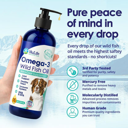 Liquid Fish Oil for Dogs with Omega 3, 6 & 9 Fatty Acids, Wild Caught from Iceland, Skin and Coat Supplement for Shedding, Itchy Skin, Allergies, Brain and Heart Health, Rich in EPA + DHA - 16 oz