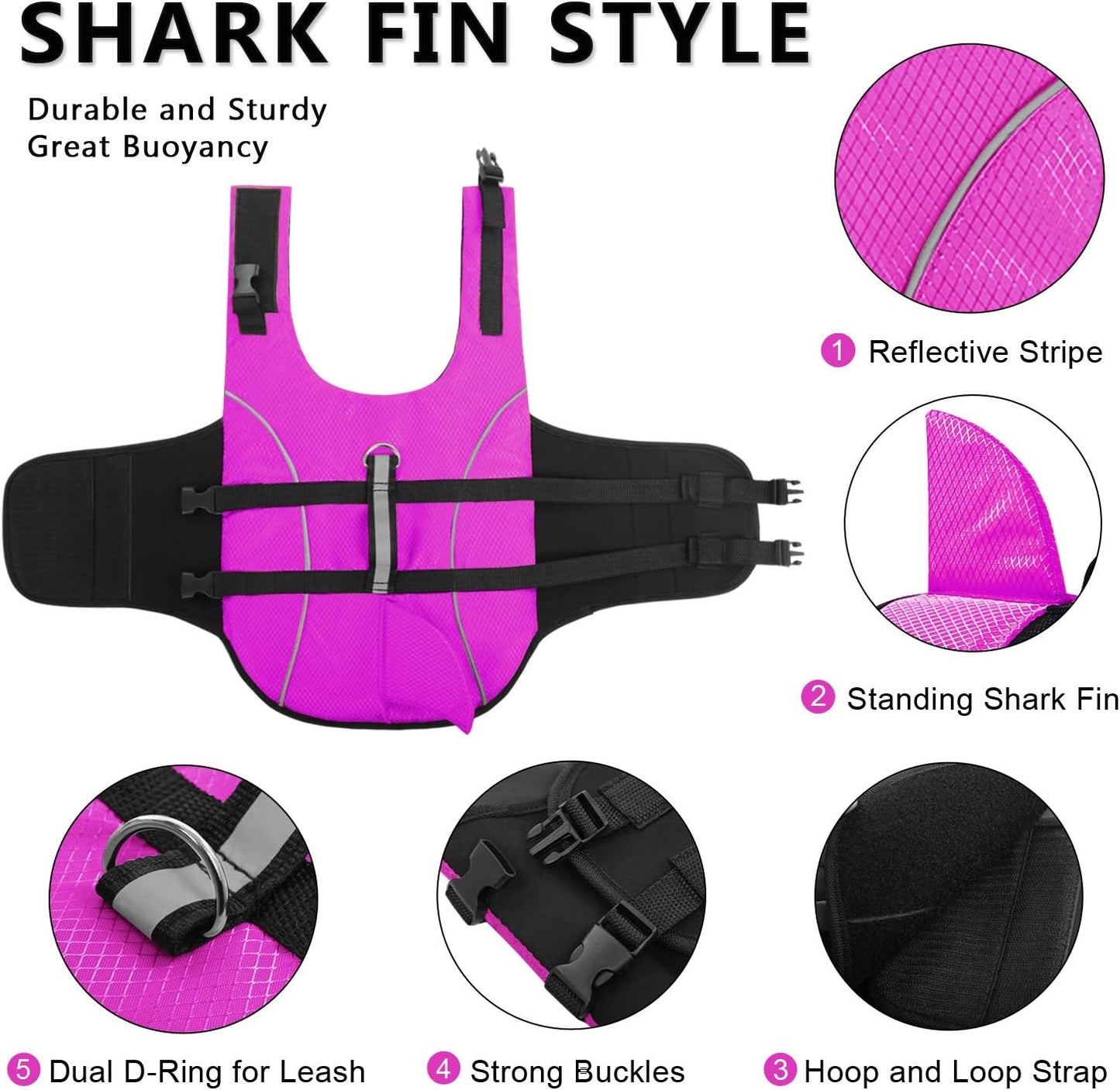Queenmore Ripstop Dog Life Jacket Shark Life Vest for Dogs, Safety Lifesaver with High Buoyancy and Lift Handle for Small and Medium Breeds（Rose Red S）