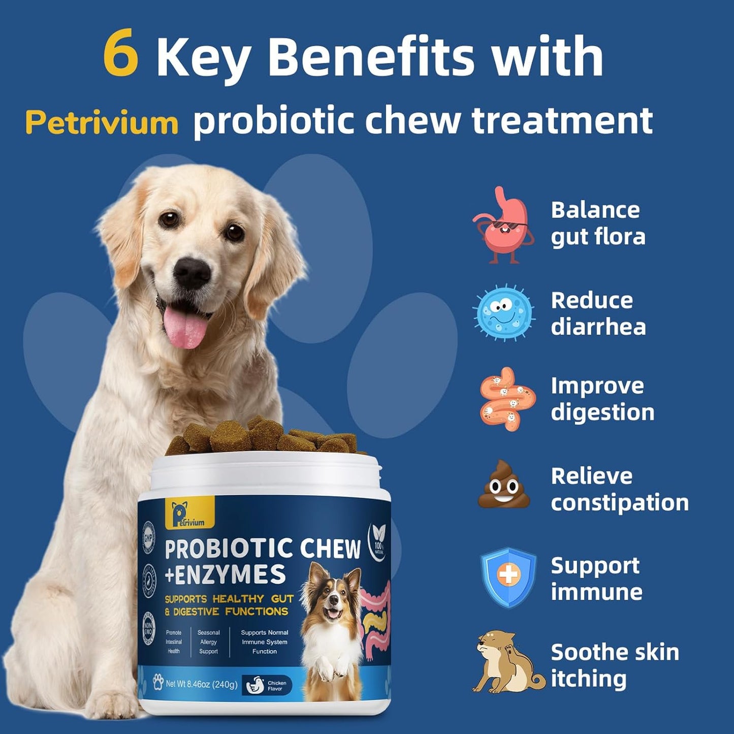 Probiotics for Dogs with Enzymes & Fiber Blend Supports Gut Health, Yeast Balance, Allergies, Itchy Skin, Boost Immune - Natural Probiotic Supplement for Digestive, Diarrhea, Gas, Constipation,120Ct