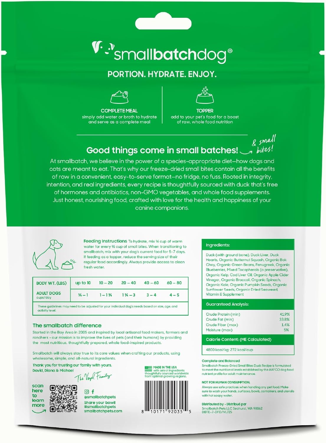 smallbatch Pets Freeze-Dried Raw Dog Food – Duck Recipe – 7oz Small Bites – Grain Free, High Protein, Complete Meal or Topper – Made in USA with Organic Produce & Humanely Raised Duck