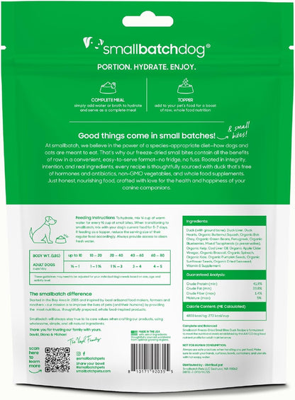 smallbatch Pets Freeze-Dried Raw Dog Food – Duck Recipe – 7oz Small Bites – Grain Free, High Protein, Complete Meal or Topper – Made in USA with Organic Produce & Humanely Raised Duck