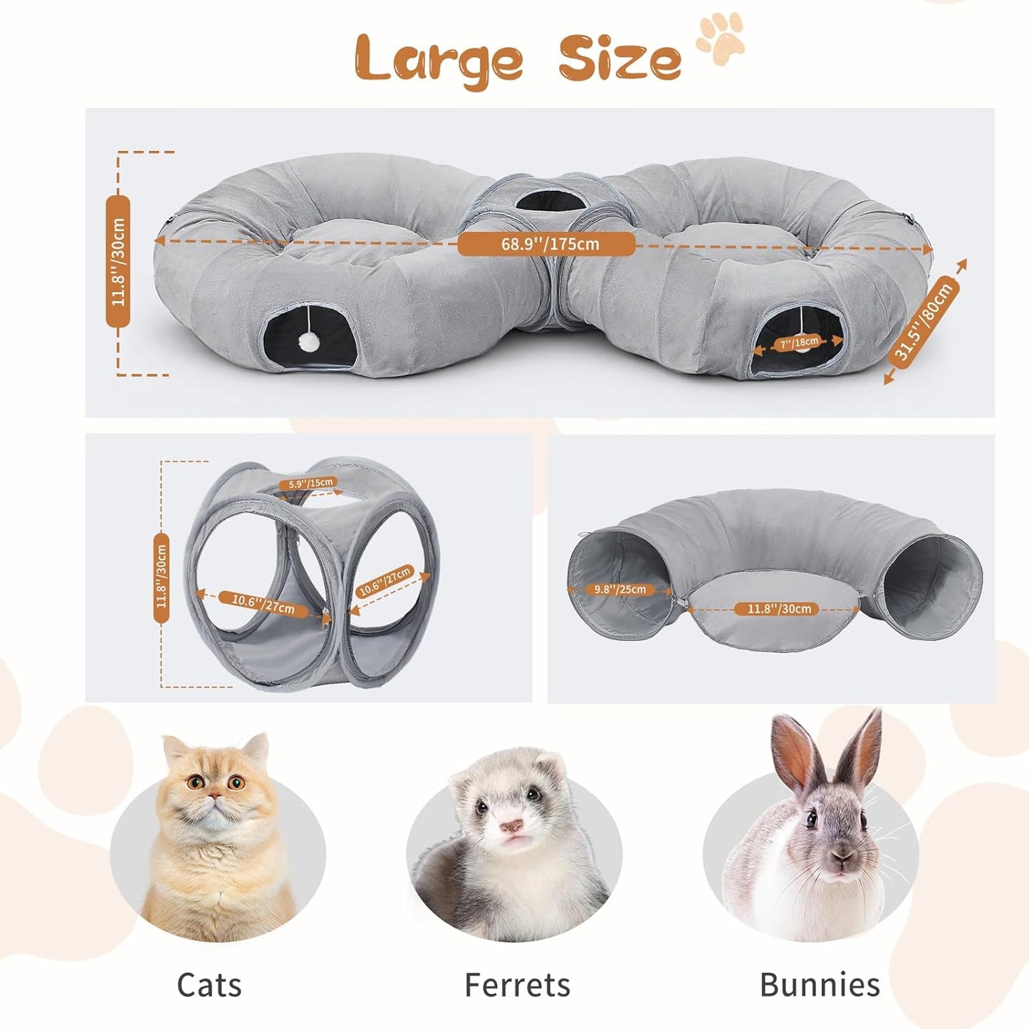 Pawaboo 2-in-1 Cat Tunnel Bed for Indoor Cats, 8-Shaped Large Cat Tunnels with Plush Cushions, Foldable Cats Cave Hideout Kitty Toys with Fluffy Balls, Donut Tunnel for Kitten Rabbit Ferret, Grey