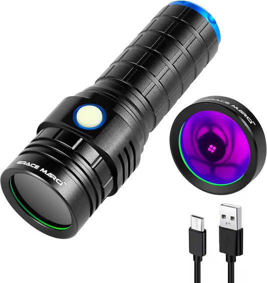 365nm Black Light Flashlight, UV Light Rechargeable with Filter for Pet Urine Detection, Scorpion Finding, Leak Detector, Money & ID Verification, High Power UV Flashlight for Indoor/Outdoor Use