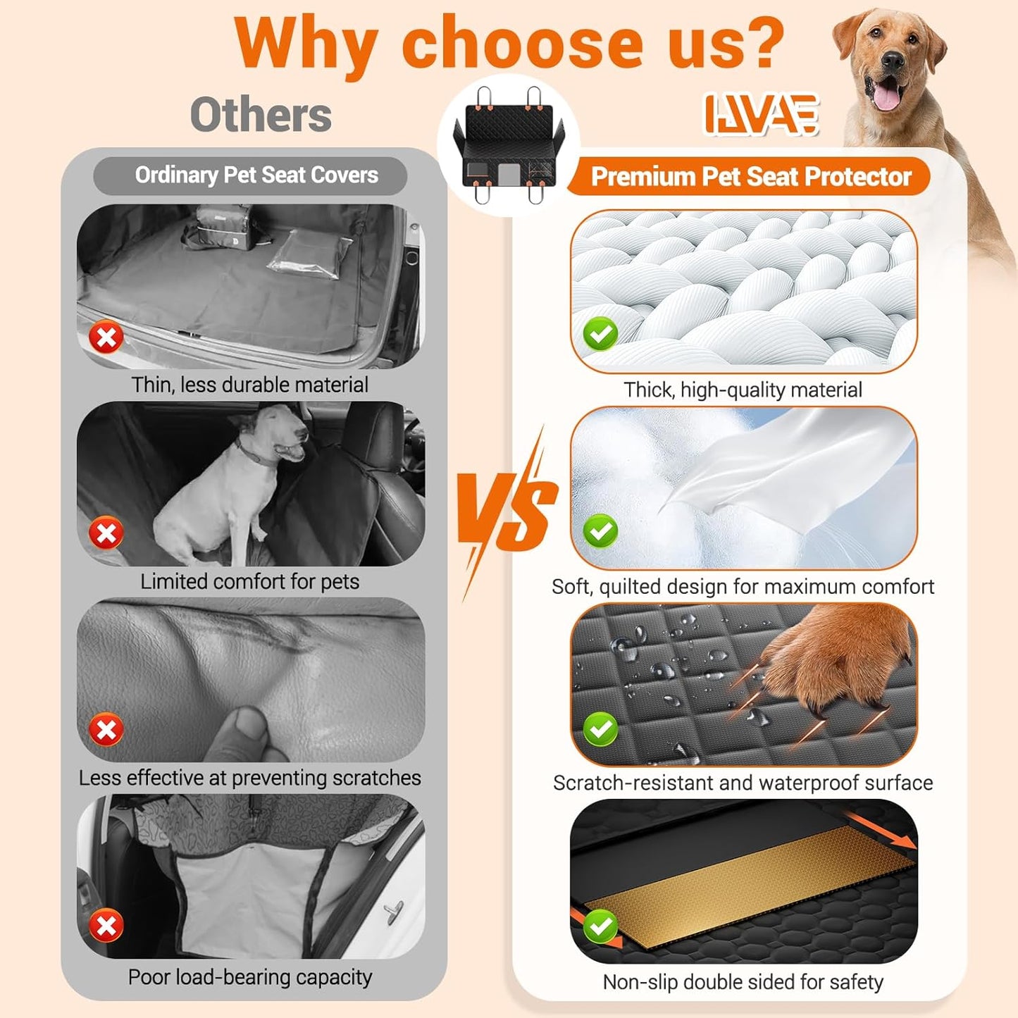 Dog Seat Cover for Back Seat, Hard Bottom Back Seat Extender Holds 500 lbs, Waterproof & Nonslip Car Hammock for Large Pets, Comfortable Travel Seat Protector for SUV and Sedan